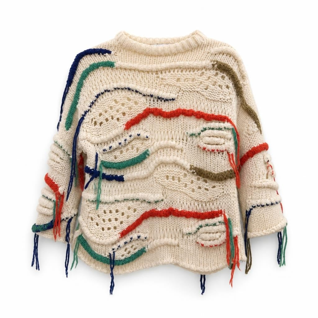 Cream chunky knit sweater multicolor yarn detail - second-hand at Why Go Less, Dekwaneh, Lebanon
