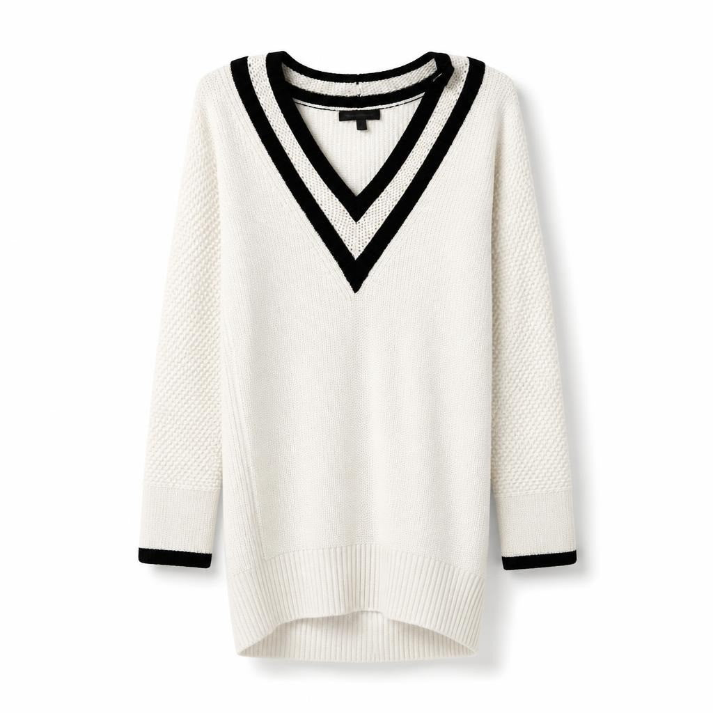 White open-knit V-neck sweater navy trim detail - second-hand at Why Go Less, Dekwaneh, Lebanon