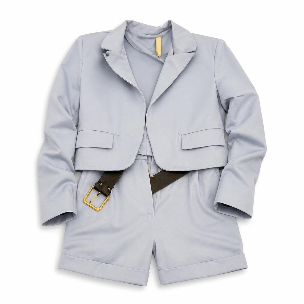 Baby blue blazer shorts set with belt - second-hand at Why Go Less, Dekwaneh, Lebanon