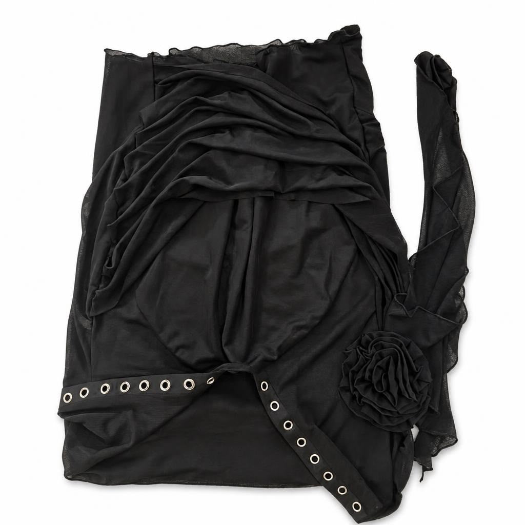 Black mesh ruched top with eyelet belt rose - second-hand at Why Go Less, Dekwaneh, Lebanon