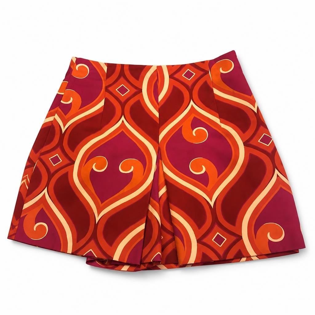 Retro geometric print shorts, red/orange/pink - second-hand at Why Go Less, Dekwaneh, Lebanon