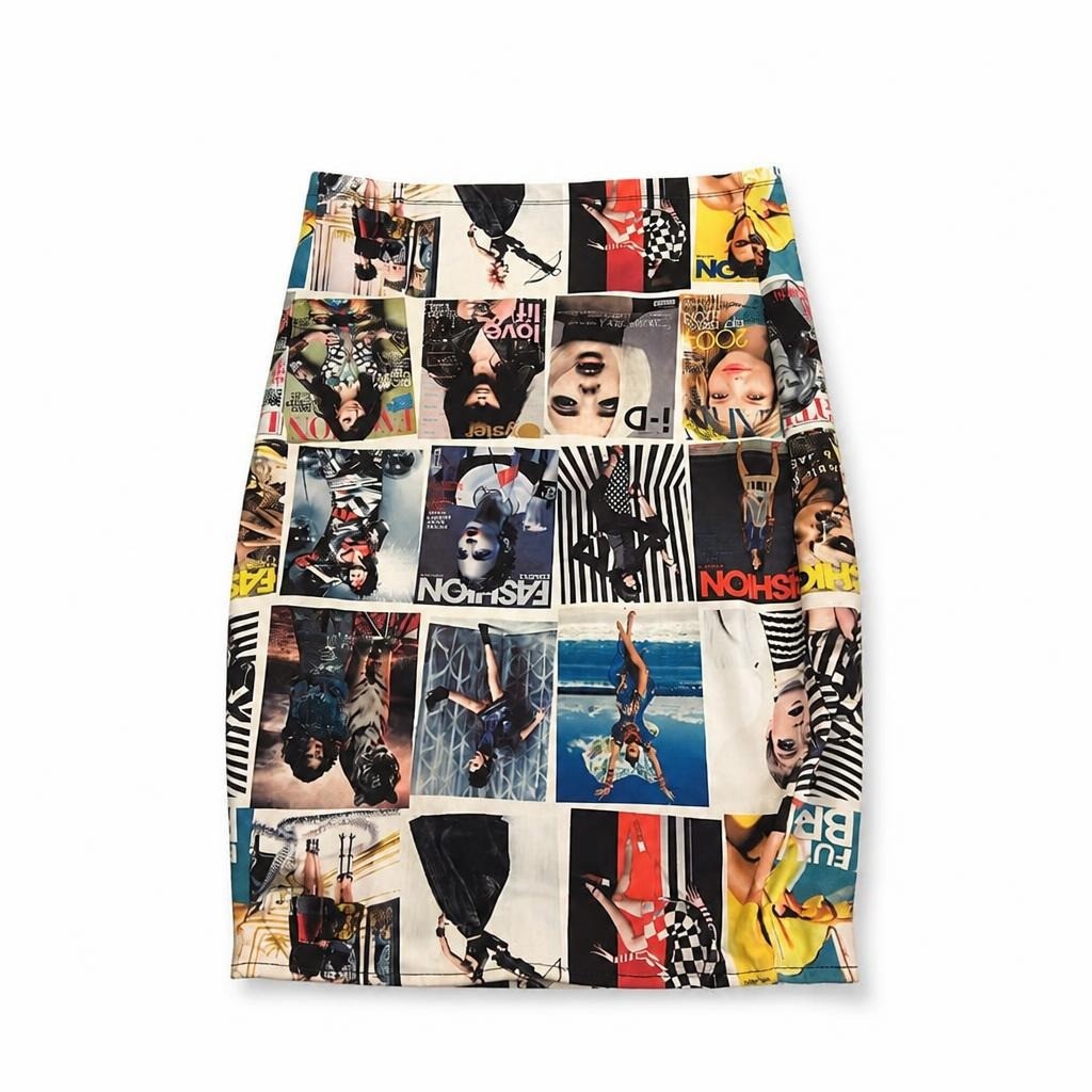 Q Design Lab magazine print mini skirt, size S - second-hand at Why Go Less, Dekwaneh, Lebanon
