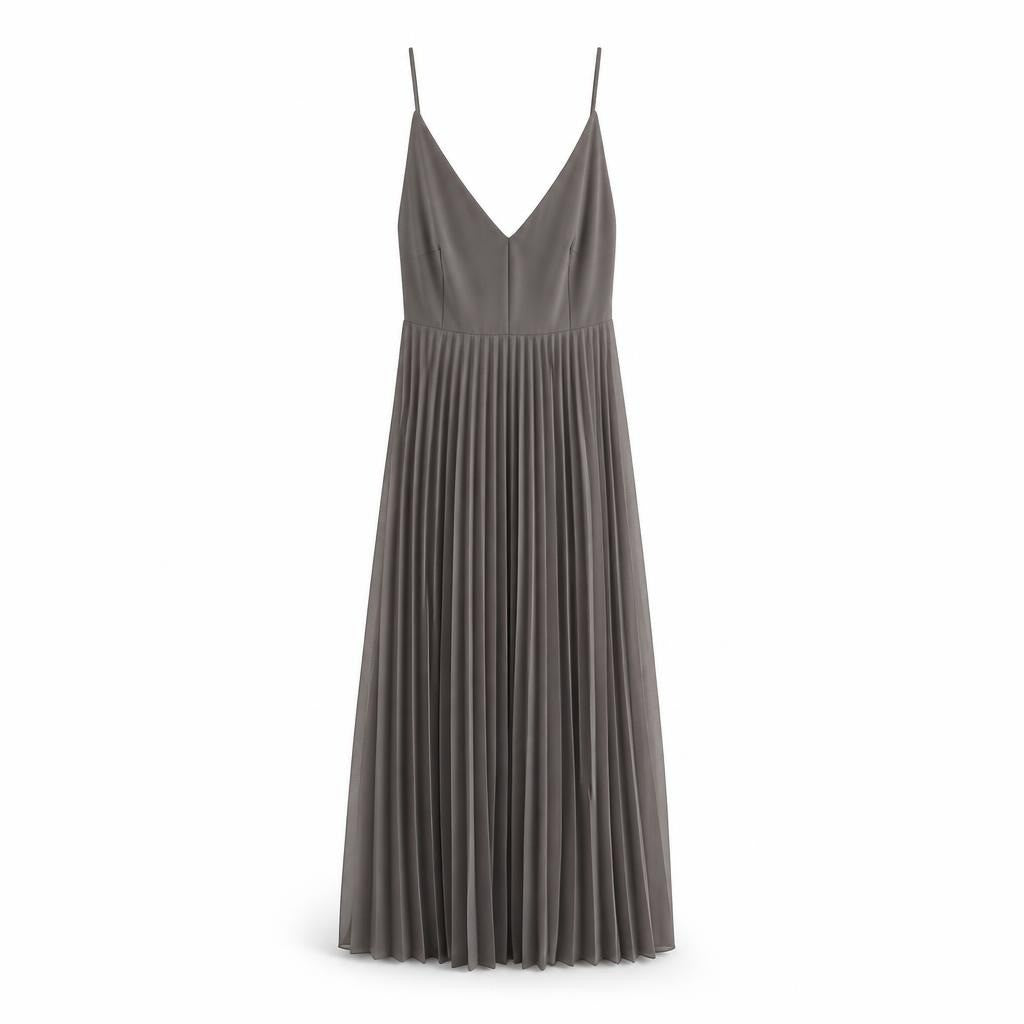 Olive Green Pleated Maxi Evening Dress - white studio shot, second-hand at Why Go Less, Dekwaneh, Lebanon