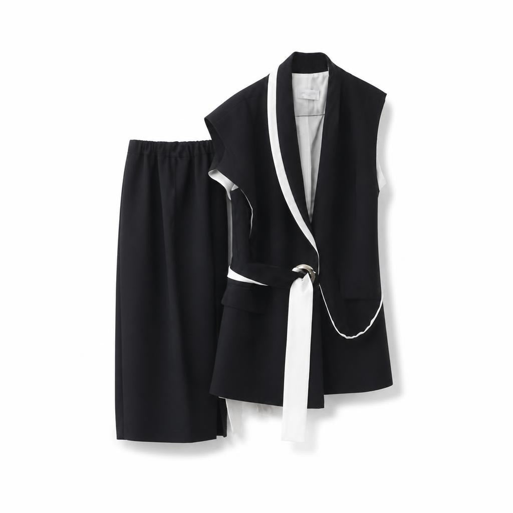 Black & White Belted Blazer Set (Blazer + Pants) - white studio shot, second-hand at Why Go Less, Dekwaneh, Lebanon