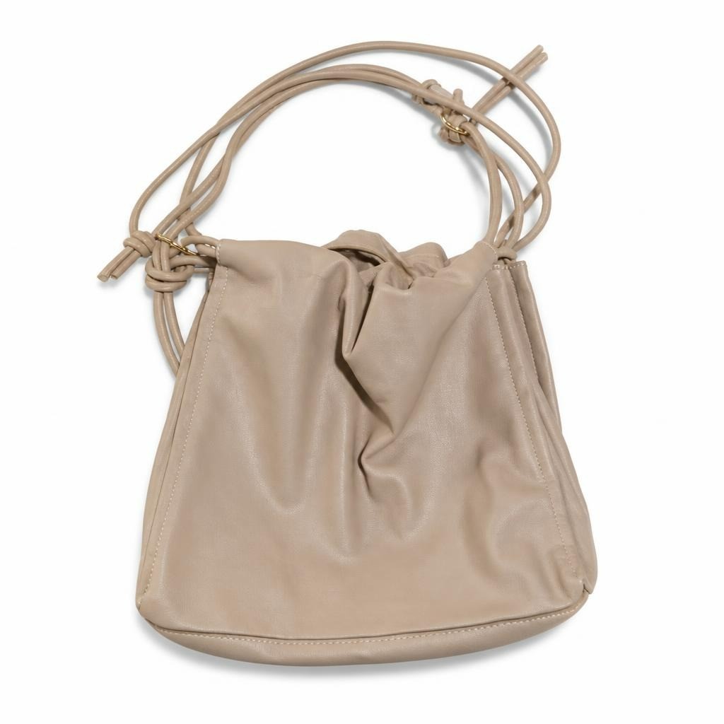 Beige Soft Bucket Shoulder Bag - white studio shot, second-hand at Why Go Less, Dekwaneh, Lebanon