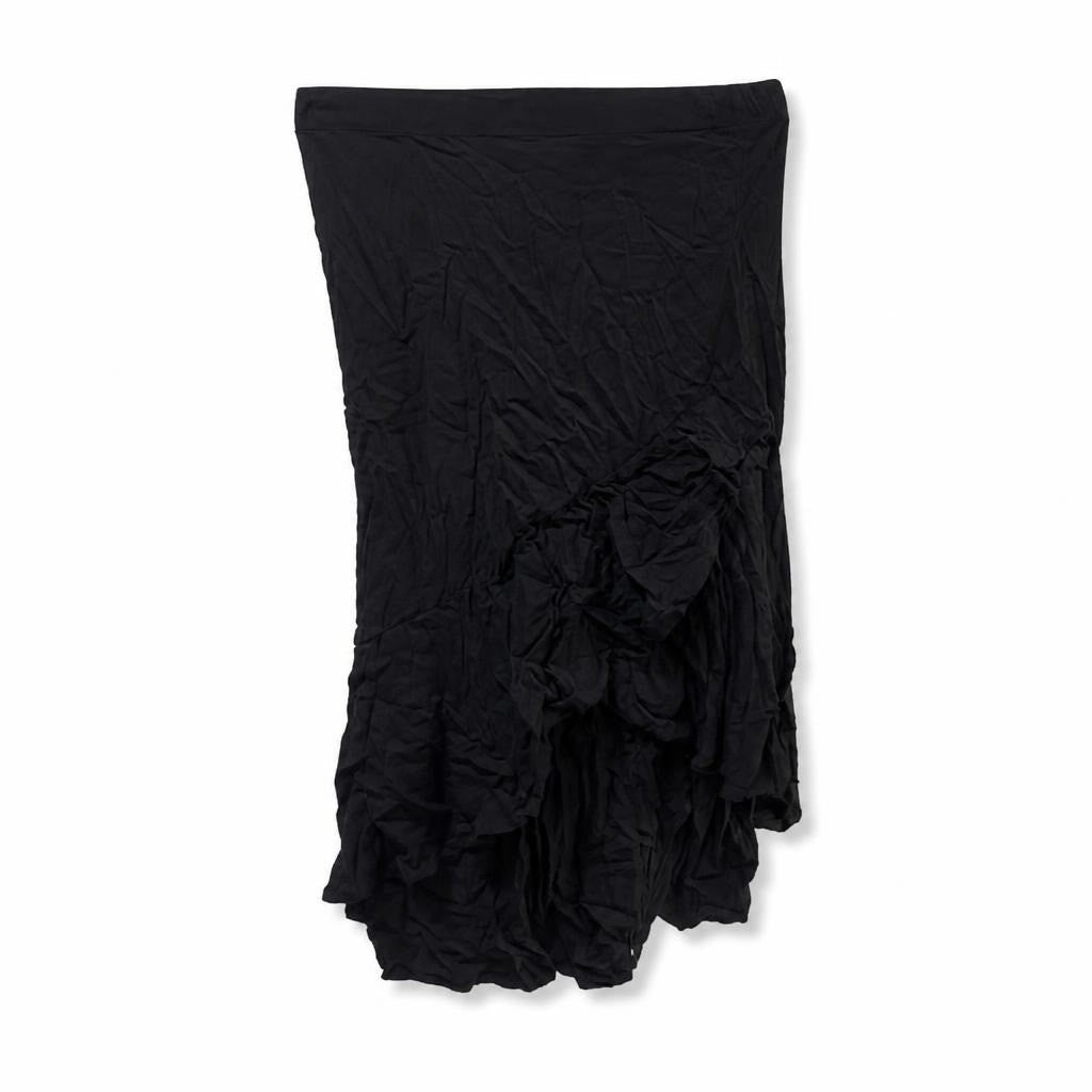 Black ruched ruffle mini skirt, size unknown - white studio shot, second-hand at Why Go Less, Dekwaneh, Lebanon