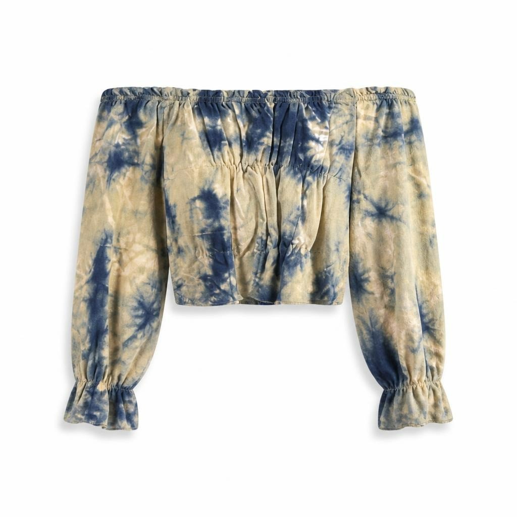 Tie-dye off-shoulder crop top, blue/yellow - white studio shot, second-hand at Why Go Less, Dekwaneh, Lebanon