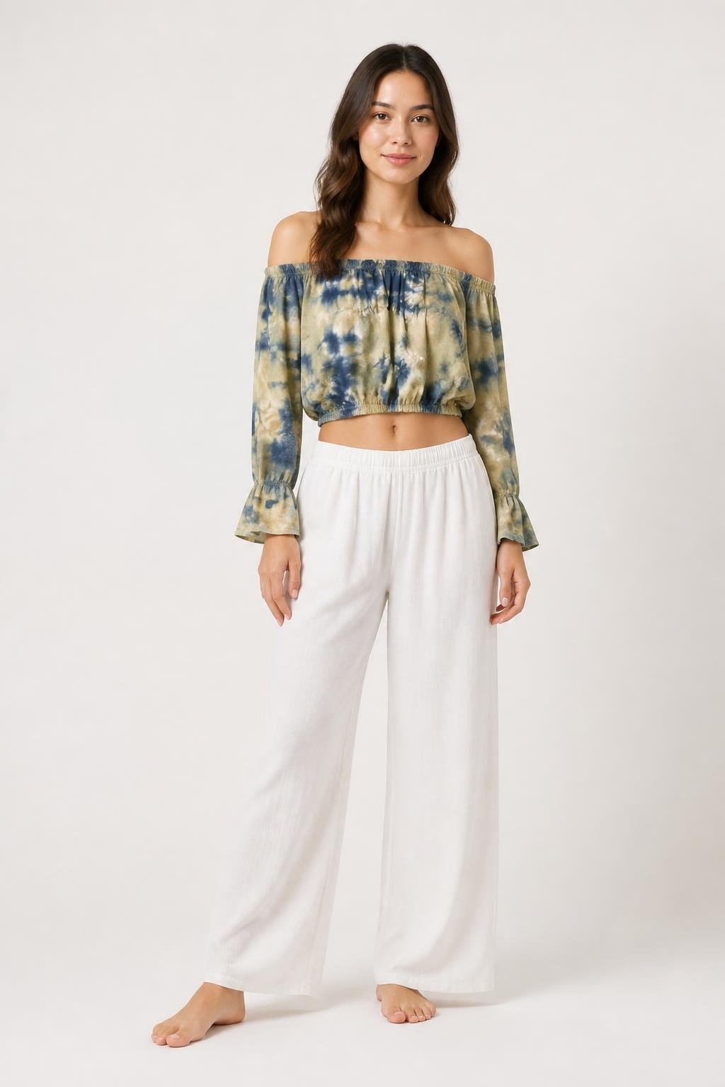 Blue and Yellow Tie-Dye Off-Shoulder Crop Top | Pre-Loved | Why Go Less