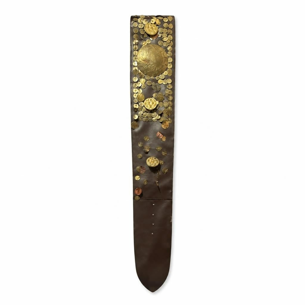 Brown leather belt with gold coin embellishments - white studio shot, second-hand at Why Go Less, Dekwaneh, Lebanon