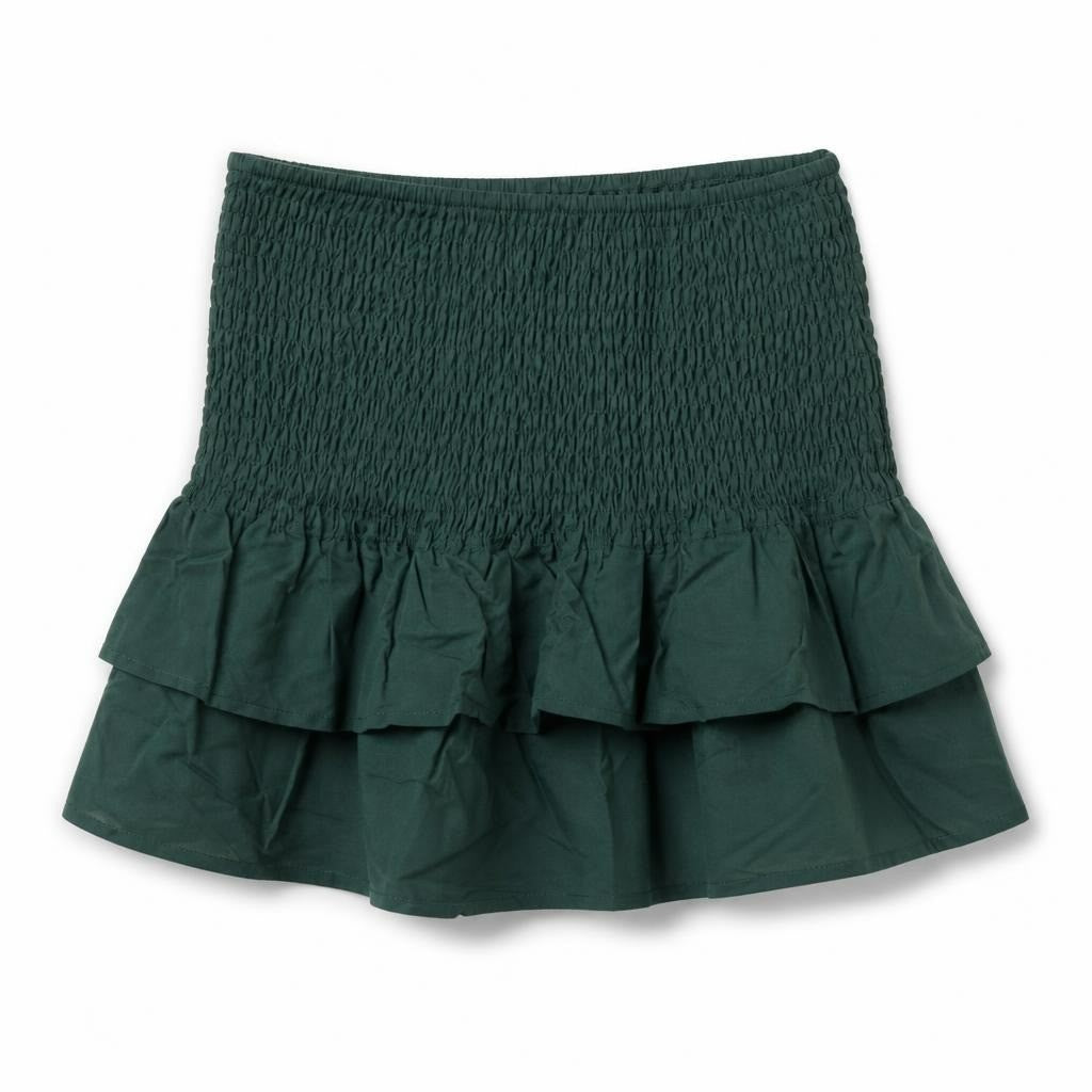 Dark green smocked bubble mini skirt - white studio shot, second-hand at Why Go Less, Dekwaneh, Lebanon