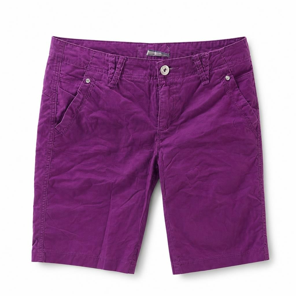 Purple cotton chino shorts, mid-length - white studio shot, second-hand at Why Go Less, Dekwaneh, Lebanon