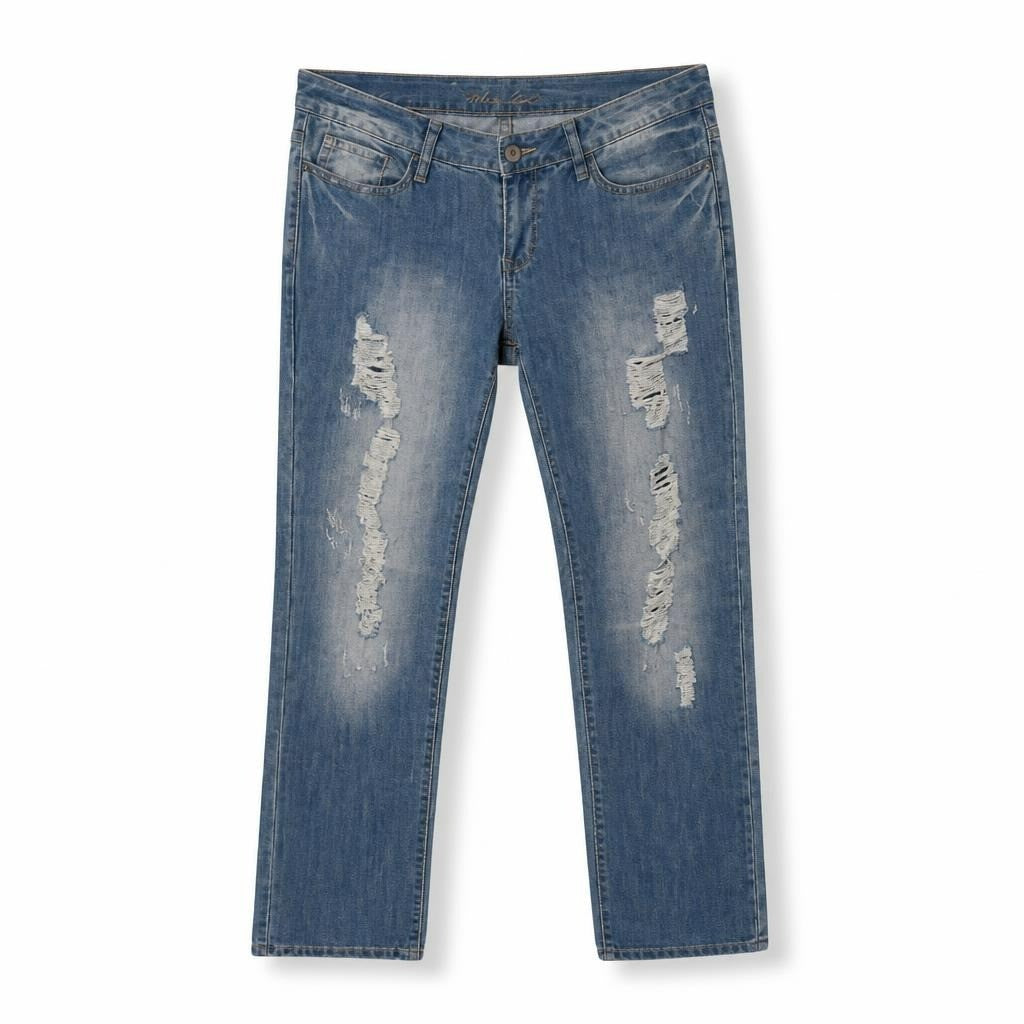 Light wash heavily distressed straight jeans - white studio shot, second-hand at Why Go Less, Dekwaneh, Lebanon