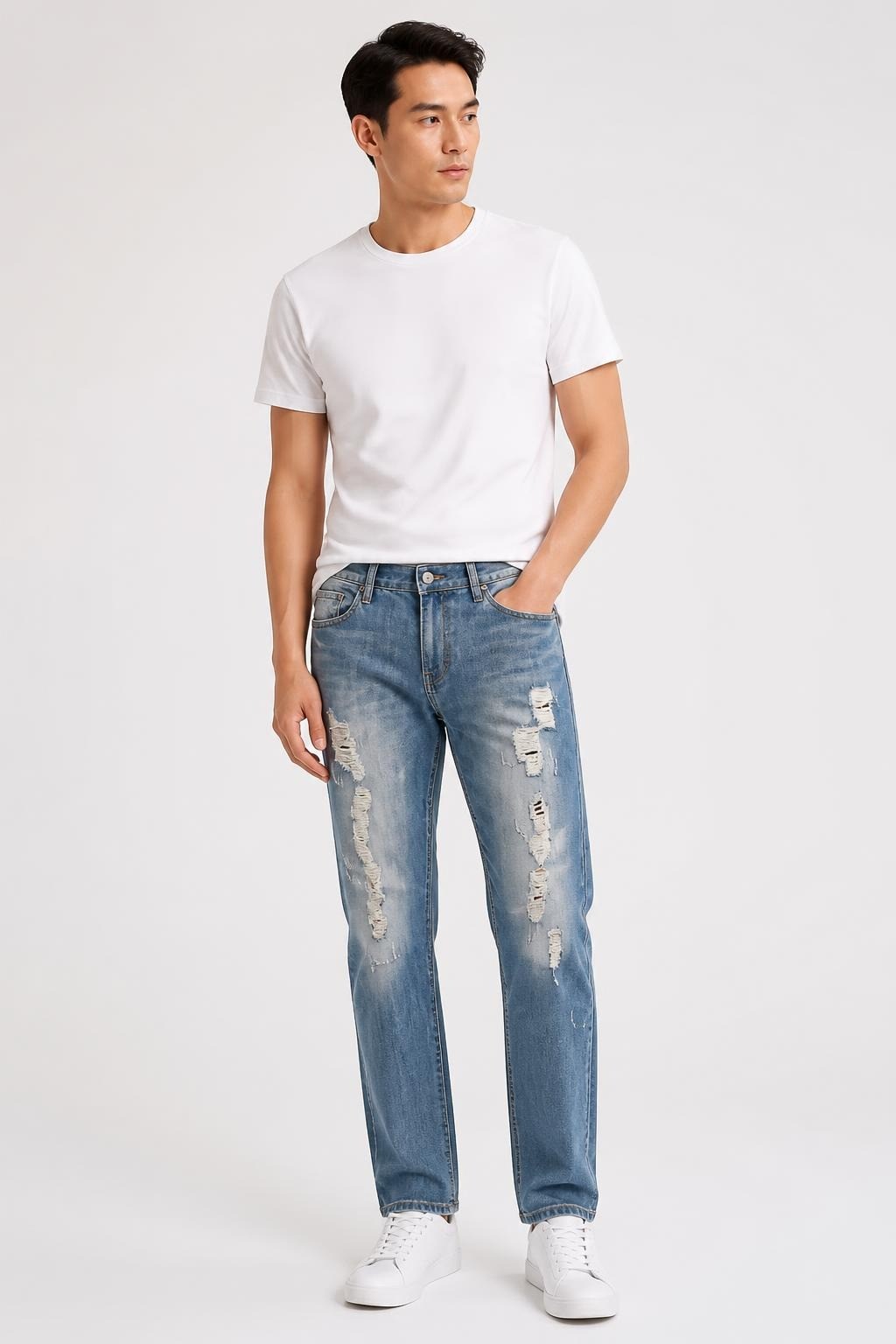 Light Wash Heavily Distressed Straight Jeans | Pre-Loved | Why Go Less