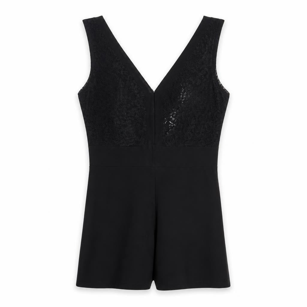 Black sleeveless lace-trim top, V-neck - white studio shot, second-hand at Why Go Less, Dekwaneh, Lebanon