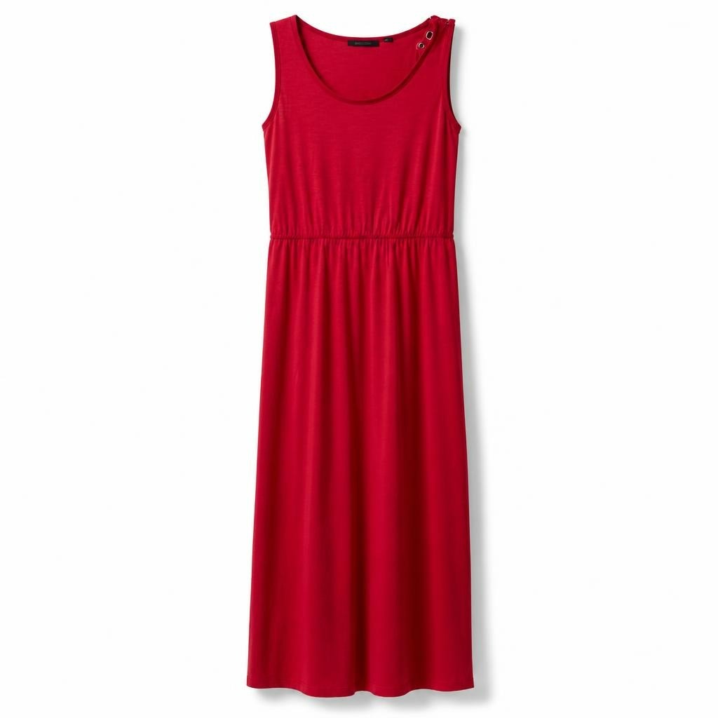 Red sleeveless maxi dress, dark trim neckline - white studio shot, second-hand at Why Go Less, Dekwaneh, Lebanon