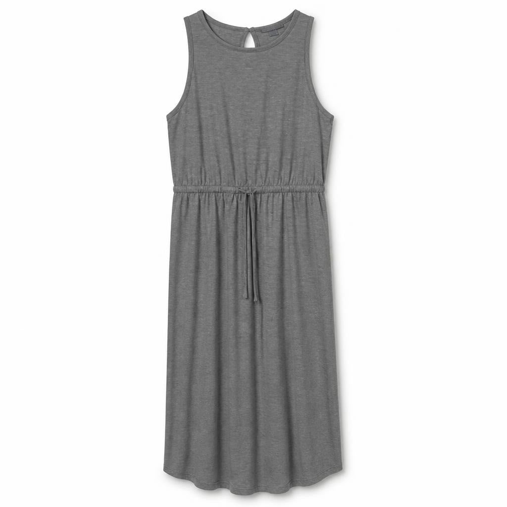 Grey sleeveless maxi dress with drawstring waist - white studio shot, second-hand at Why Go Less, Dekwaneh, Lebanon