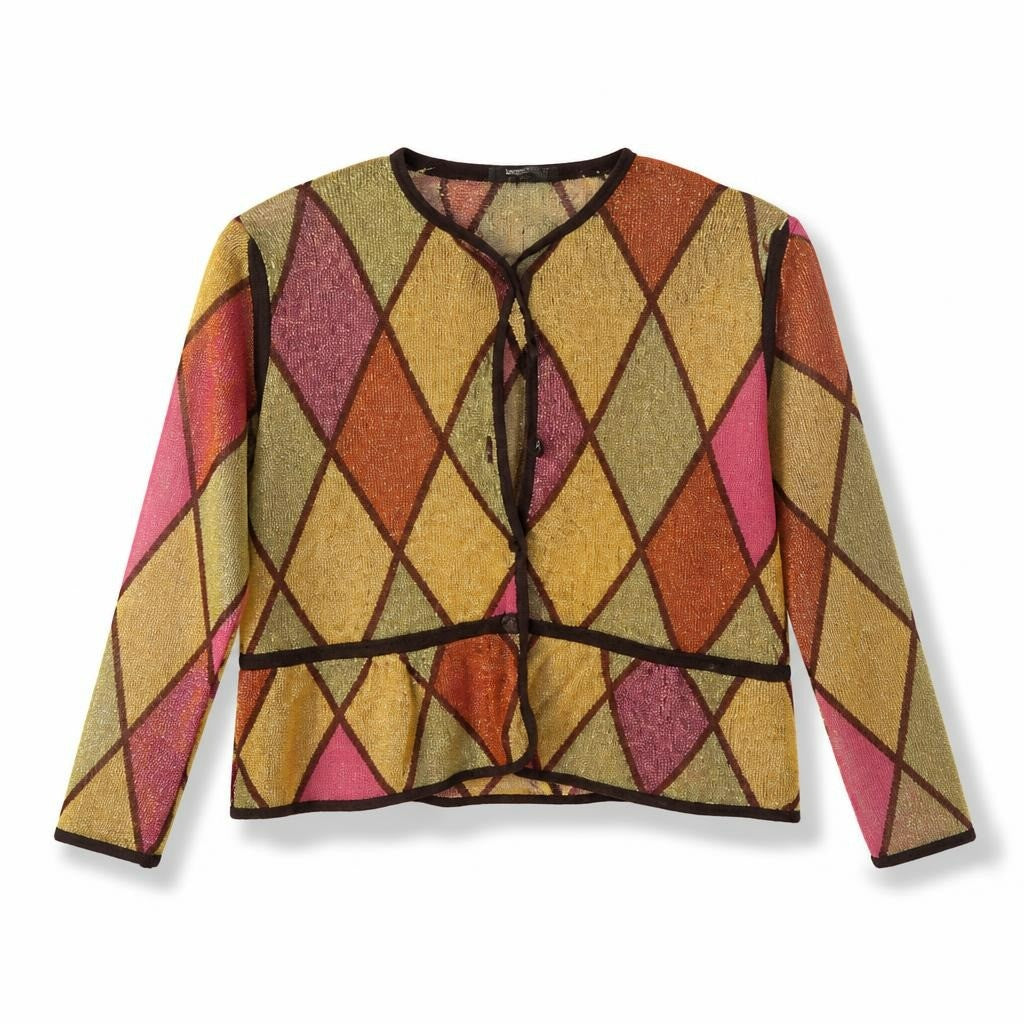 Harlequin diamond-pattern metallic knit cardigan - white studio shot, second-hand at Why Go Less, Dekwaneh, Lebanon