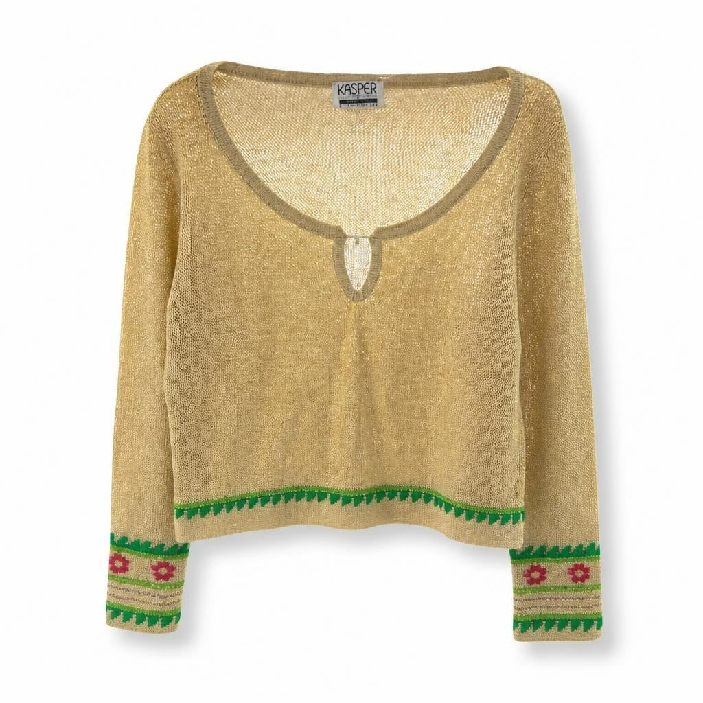 Kasper beige knit top floral trim detail - white studio shot, second-hand at Why Go Less, Dekwaneh, Lebanon