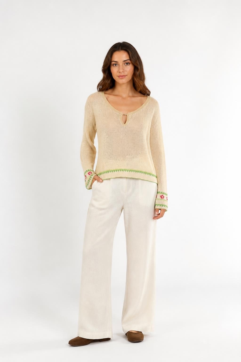 Kasper Beige Knit Top Floral Trim Detail | Pre-Loved | Why Go Less-1