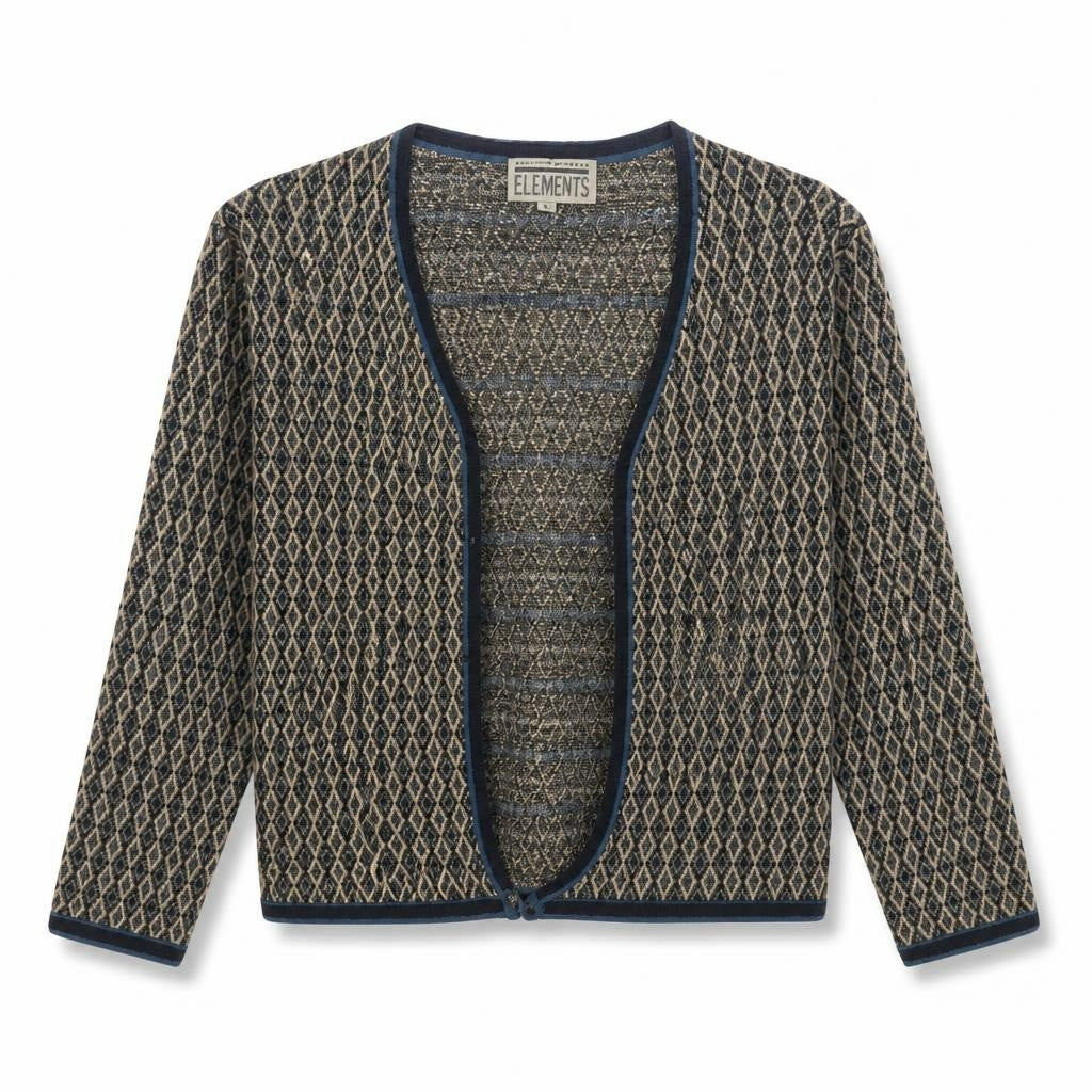 Ellements diamond pattern knit cardigan navy tan - white studio shot, second-hand at Why Go Less, Dekwaneh, Lebanon
