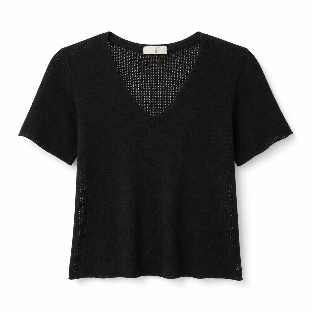 Black short-sleeve sheer knit top V-neck - white studio shot, second-hand at Why Go Less, Dekwaneh, Lebanon