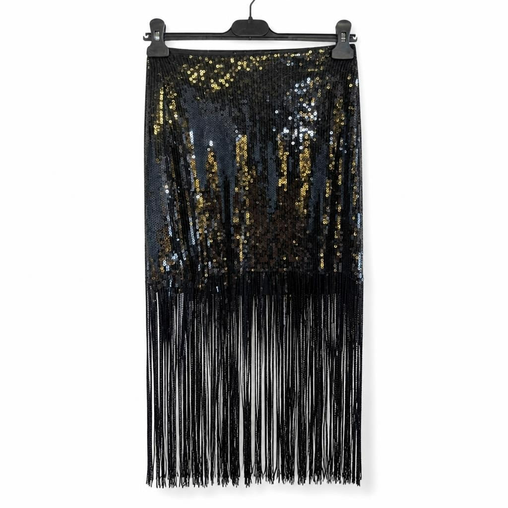 Black Fringe Sequin Skirt - white studio shot, second-hand at Why Go Less, Dekwaneh, Lebanon