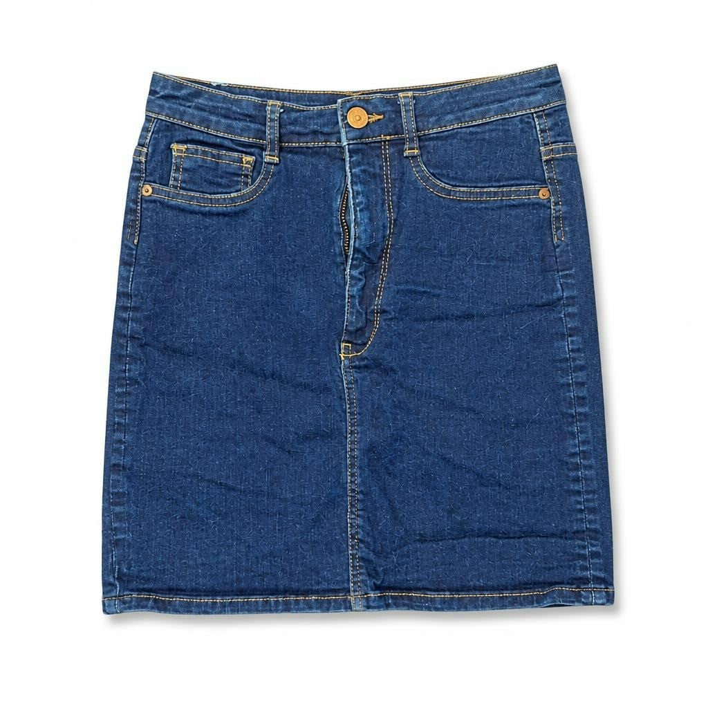 Blue Denim Midi Skirt - white studio shot, second-hand at Why Go Less, Dekwaneh, Lebanon