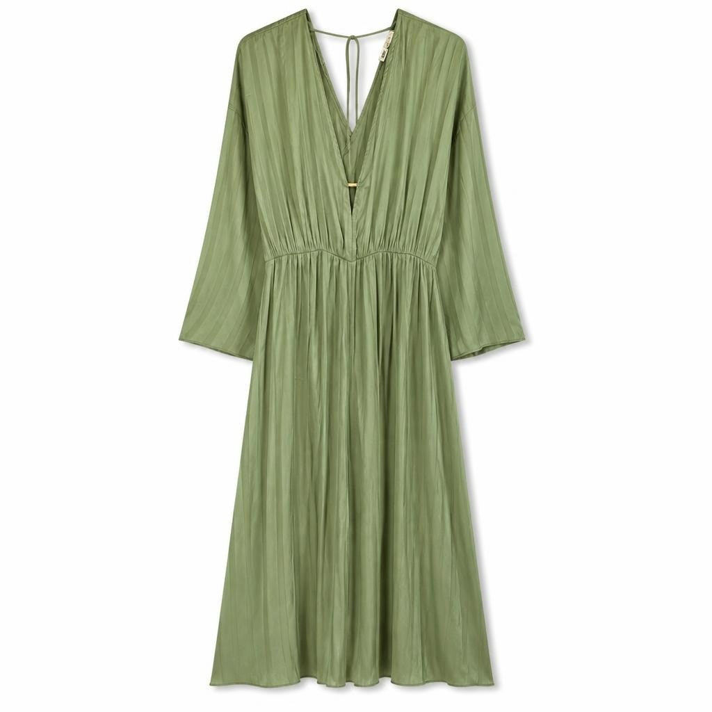 Sage Green Pleated Wrap Dress - white studio shot, second-hand at Why Go Less, Dekwaneh, Lebanon