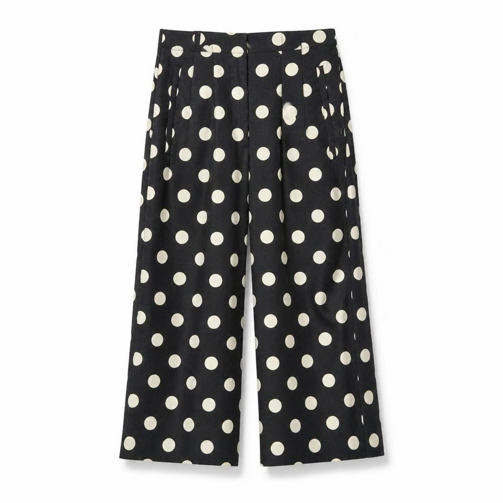 Black Polka Dot Wide-Leg Trousers - white studio shot, second-hand at Why Go Less, Dekwaneh, Lebanon