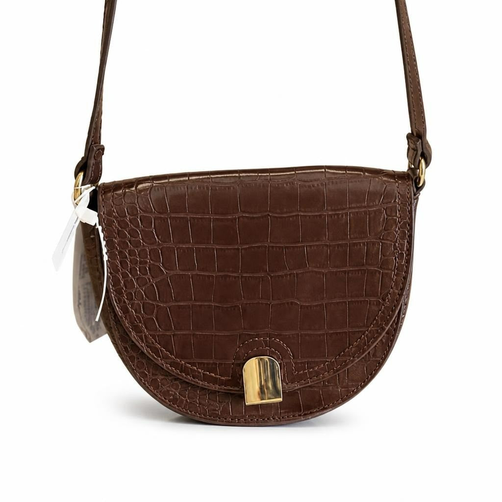 Brown Studded Crossbody Bag - white studio shot, second-hand at Why Go Less, Dekwaneh, Lebanon