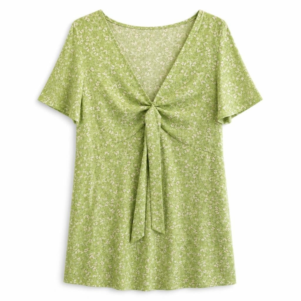Sage Green Short-Sleeve Knit Top - white studio shot, second-hand at Why Go Less, Dekwaneh, Lebanon