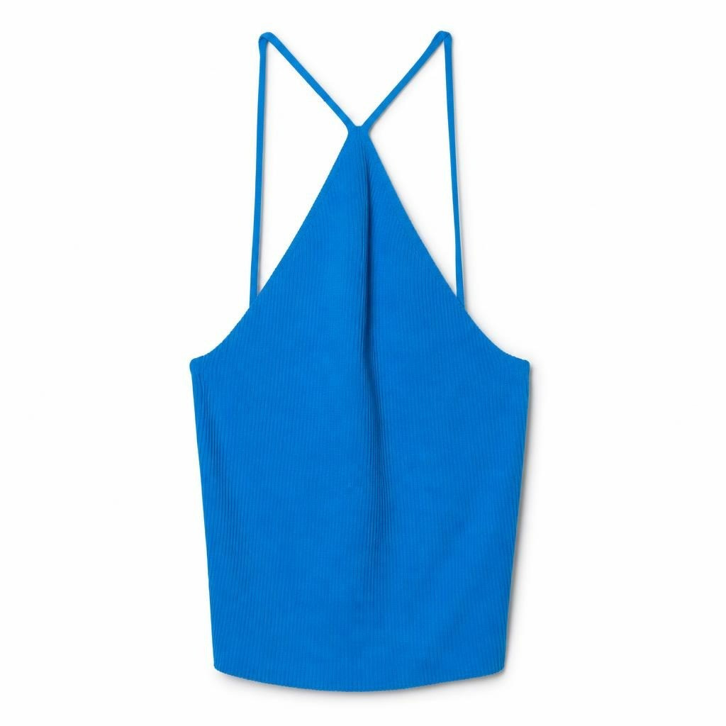Blue Shoulder Top - white studio shot, second-hand at Why Go Less, Dekwaneh, Lebanon