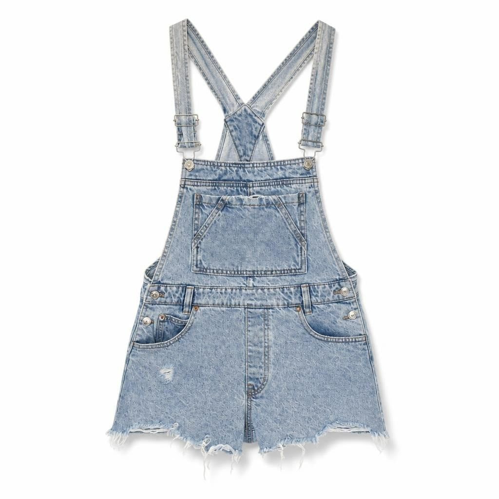 Light Wash Denim Overall Dress - white studio shot, second-hand at Why Go Less, Dekwaneh, Lebanon