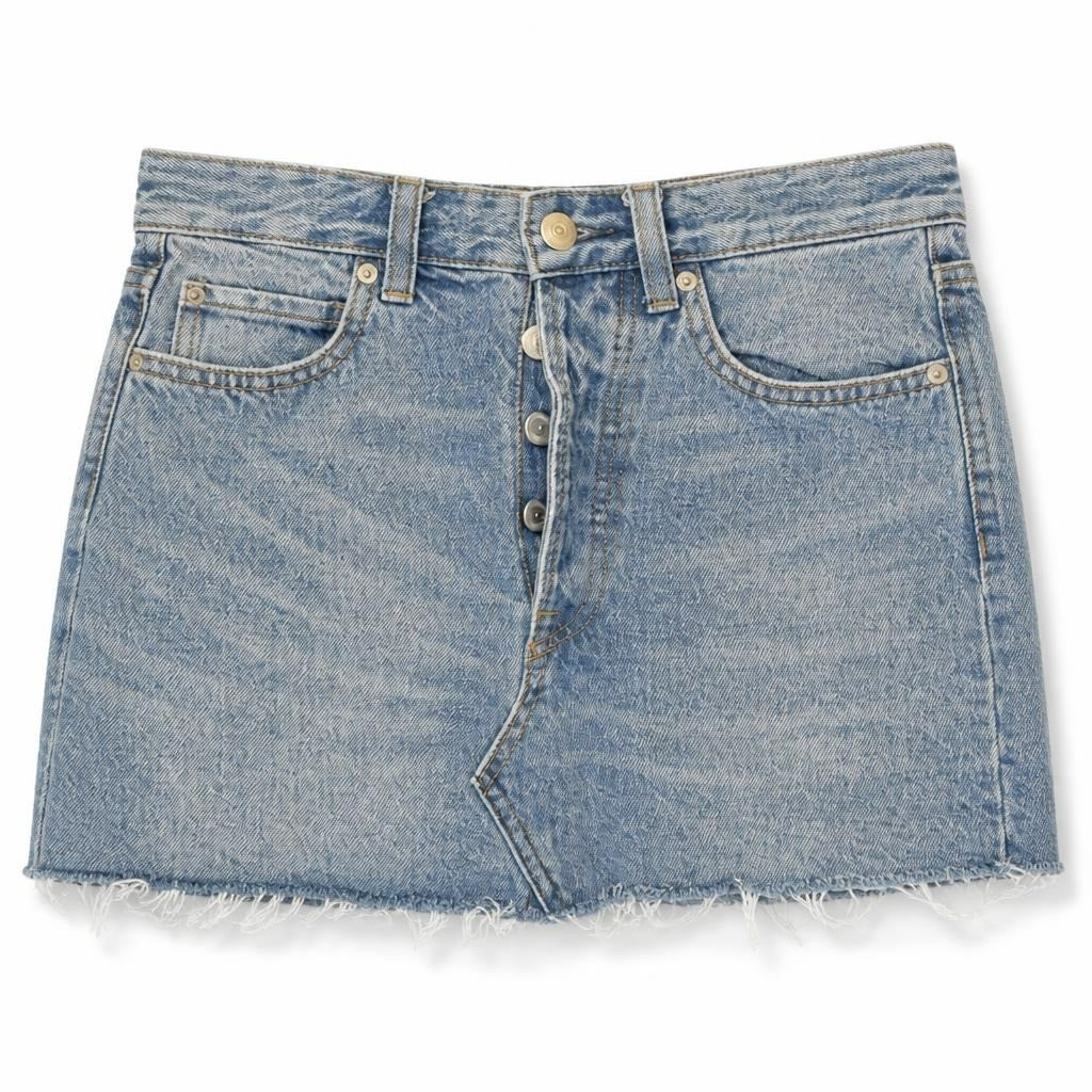 Light Wash Frayed Denim Shorts - white studio shot, second-hand at Why Go Less, Dekwaneh, Lebanon