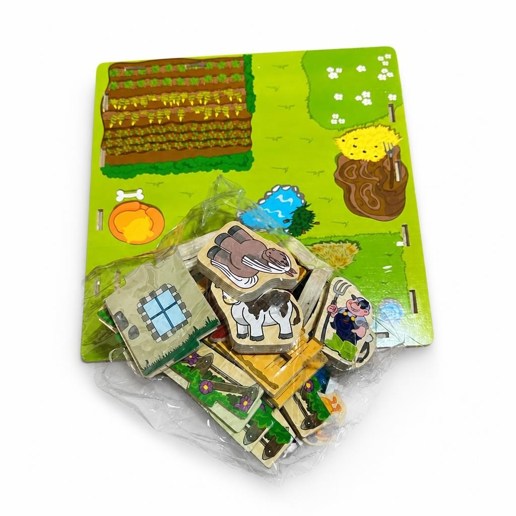 Wooden farm puzzle board game kids toy set - white studio shot, second-hand at Why Go Less, Dekwaneh, Lebanon