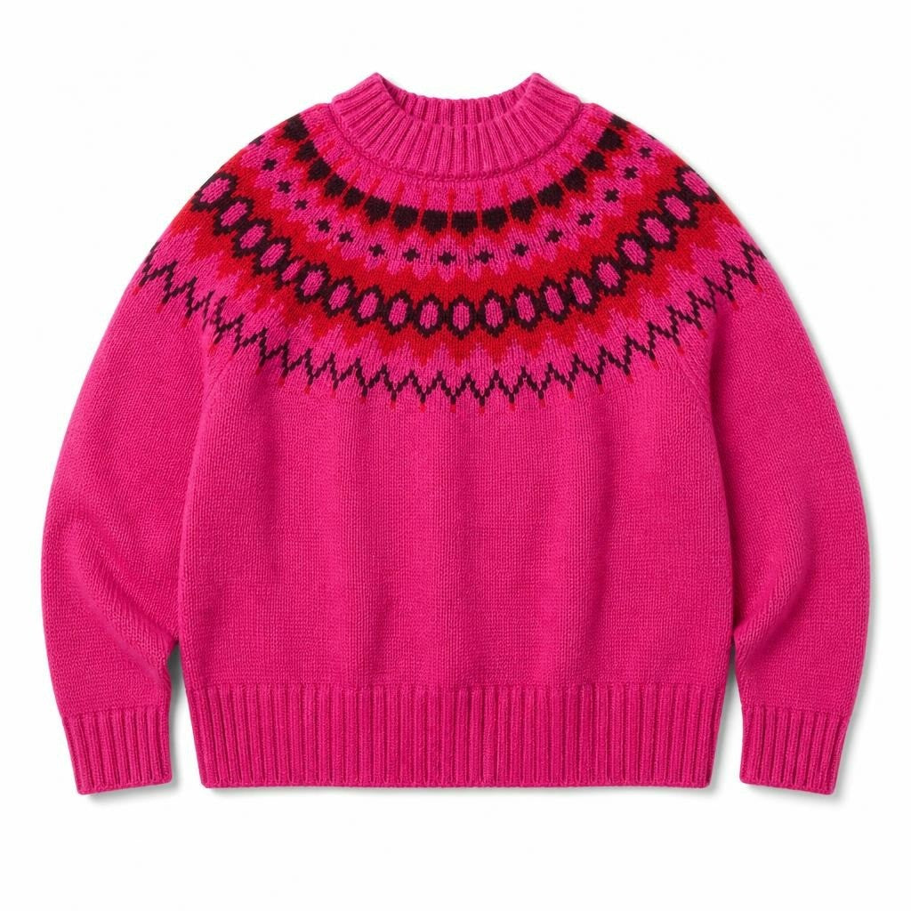 Fair Isle Knit Pullover Sweater, Hot Pink, Kids - white studio shot, second-hand at Why Go Less, Dekwaneh, Lebanon