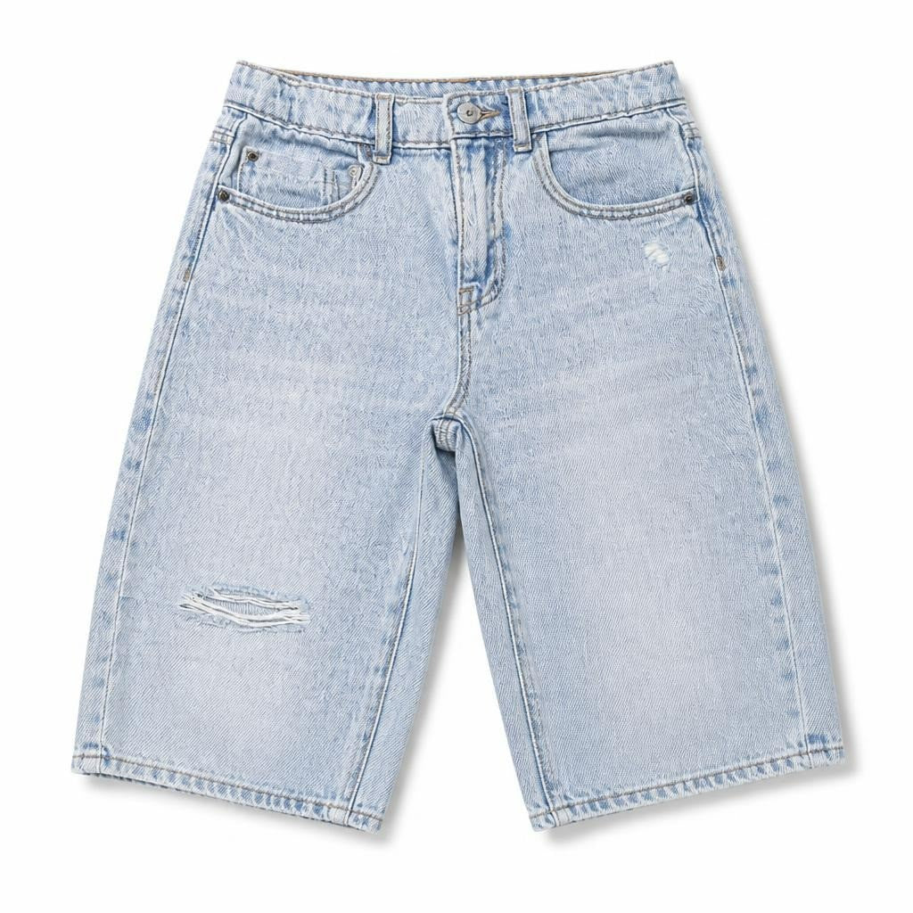 Light Wash Distressed High-Rise kids Jeans, Blue - white studio shot, second-hand at Why Go Less, Dekwaneh, Lebanon