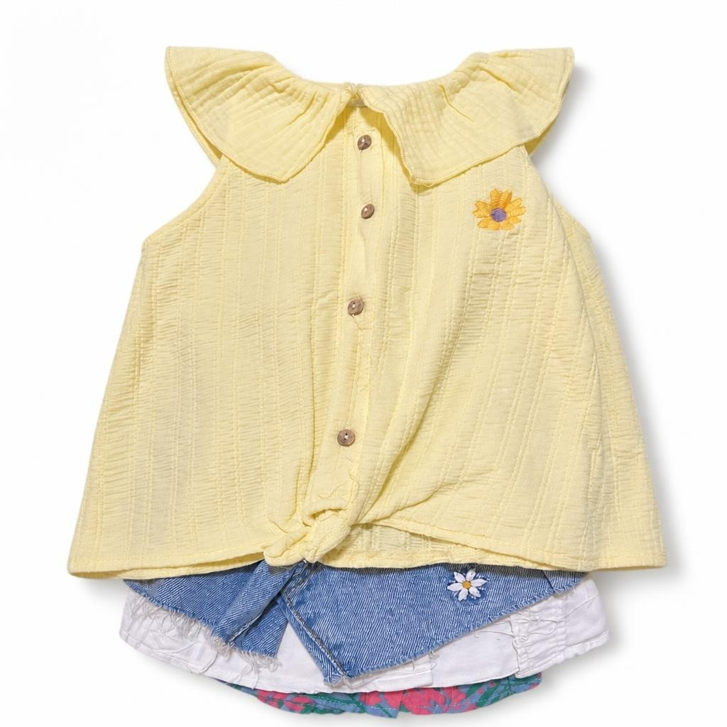 Yellow muslin button-up top, sunflower embroidery, kids - white studio shot, second-hand at Why Go Less, Dekwaneh, Lebanon