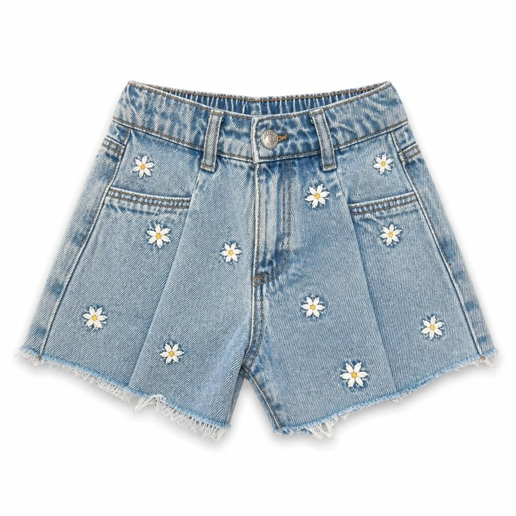 H&M daisy embroidered denim shorts, size 5Y - white studio shot, second-hand at Why Go Less, Dekwaneh, Lebanon