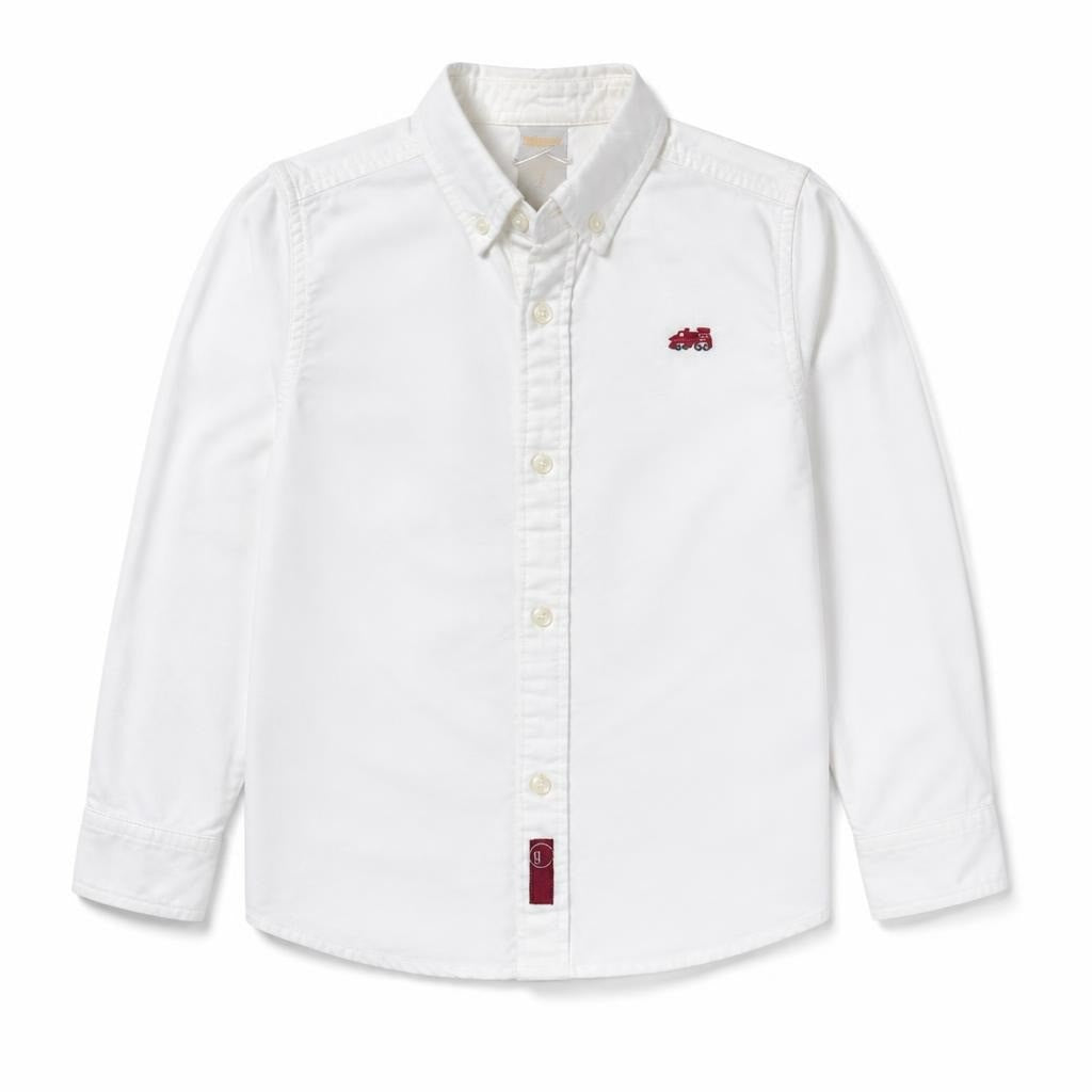 White button-up shirt, train embroidery, size 9 - white studio shot, second-hand at Why Go Less, Dekwaneh, Lebanon
