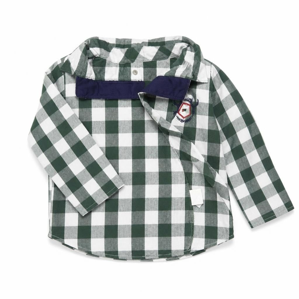 Green white check flannel shirt, crest logo, kids - white studio shot, second-hand at Why Go Less, Dekwaneh, Lebanon