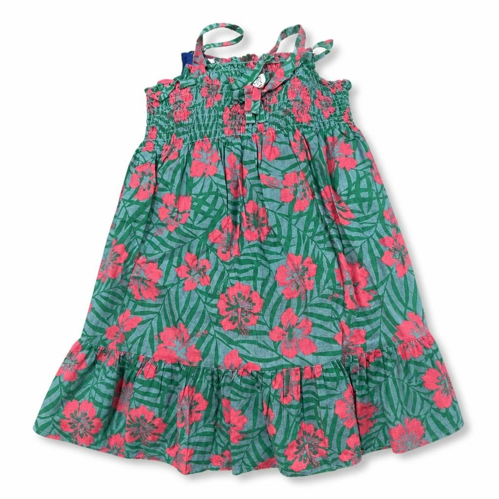 Tropical floral smocked sundress, teal & pink, girls - white studio shot, second-hand at Why Go Less, Dekwaneh, Lebanon