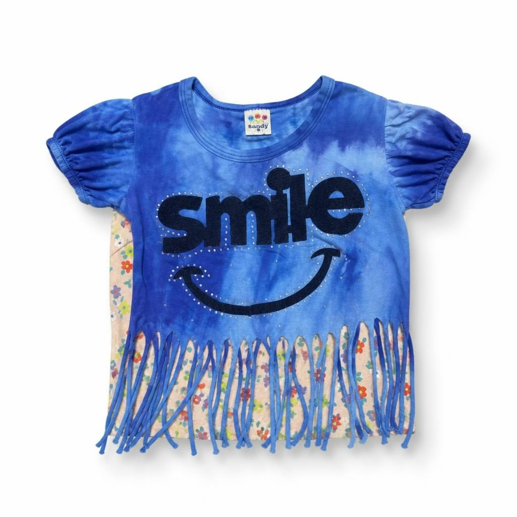 Sandy tie-dye fringe 'Smile' tee, blue, girls - white studio shot, second-hand at Why Go Less, Dekwaneh, Lebanon