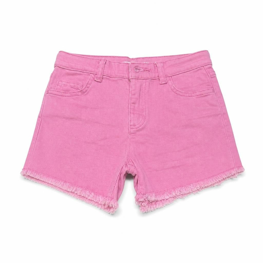 Pink raw-hem denim shorts, girls - white studio shot, second-hand at Why Go Less, Dekwaneh, Lebanon