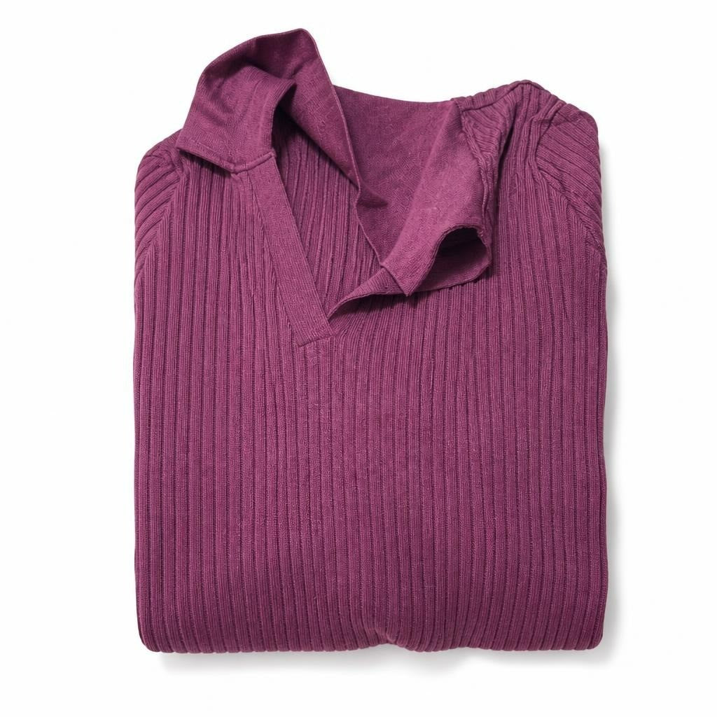 Burgundy ribbed V-neck knit top, women's - white studio shot, second-hand at Why Go Less, Dekwaneh, Lebanon