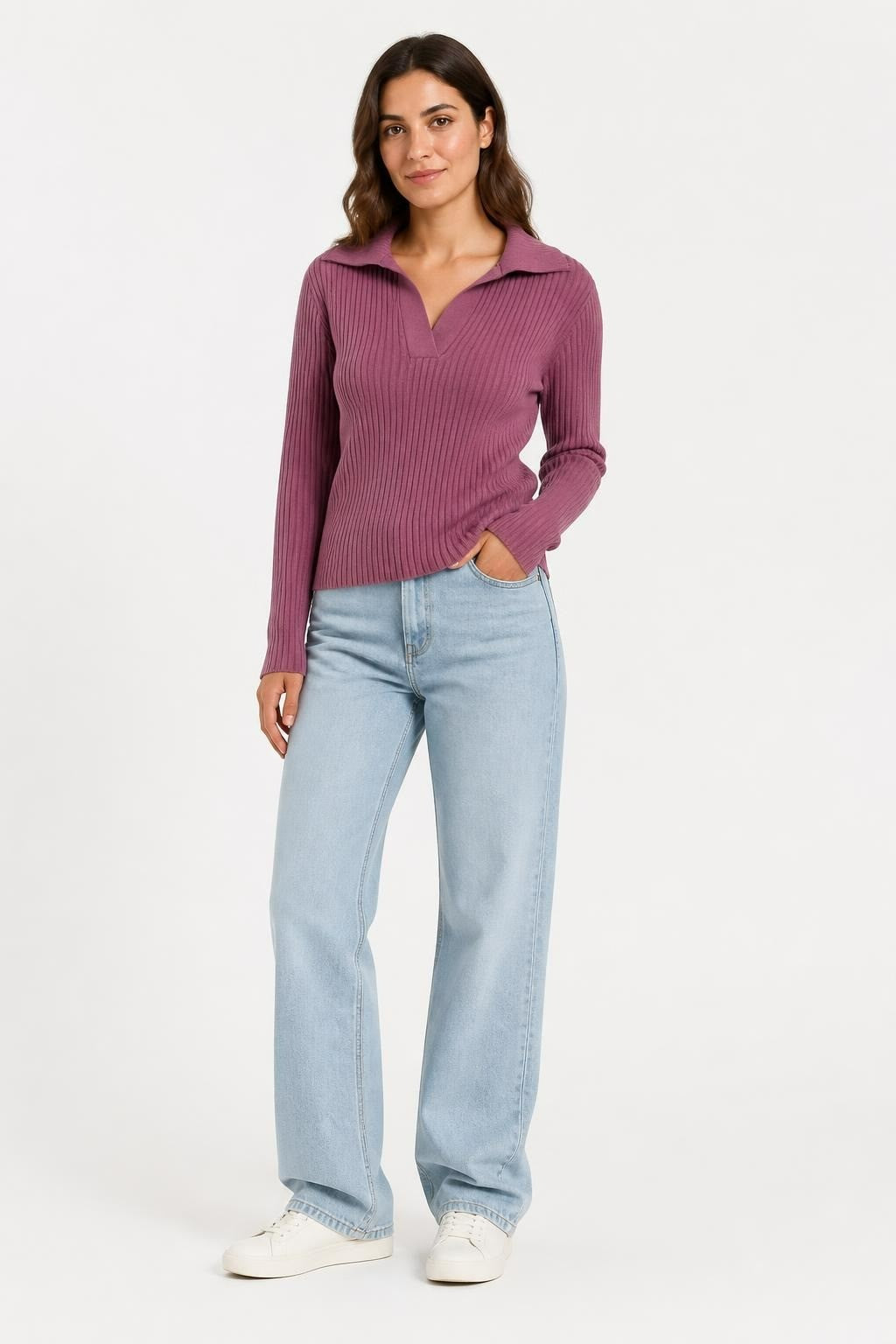 Burgundy Ribbed V-neck Knit Top, Women's | Pre-Loved | Why Go Less