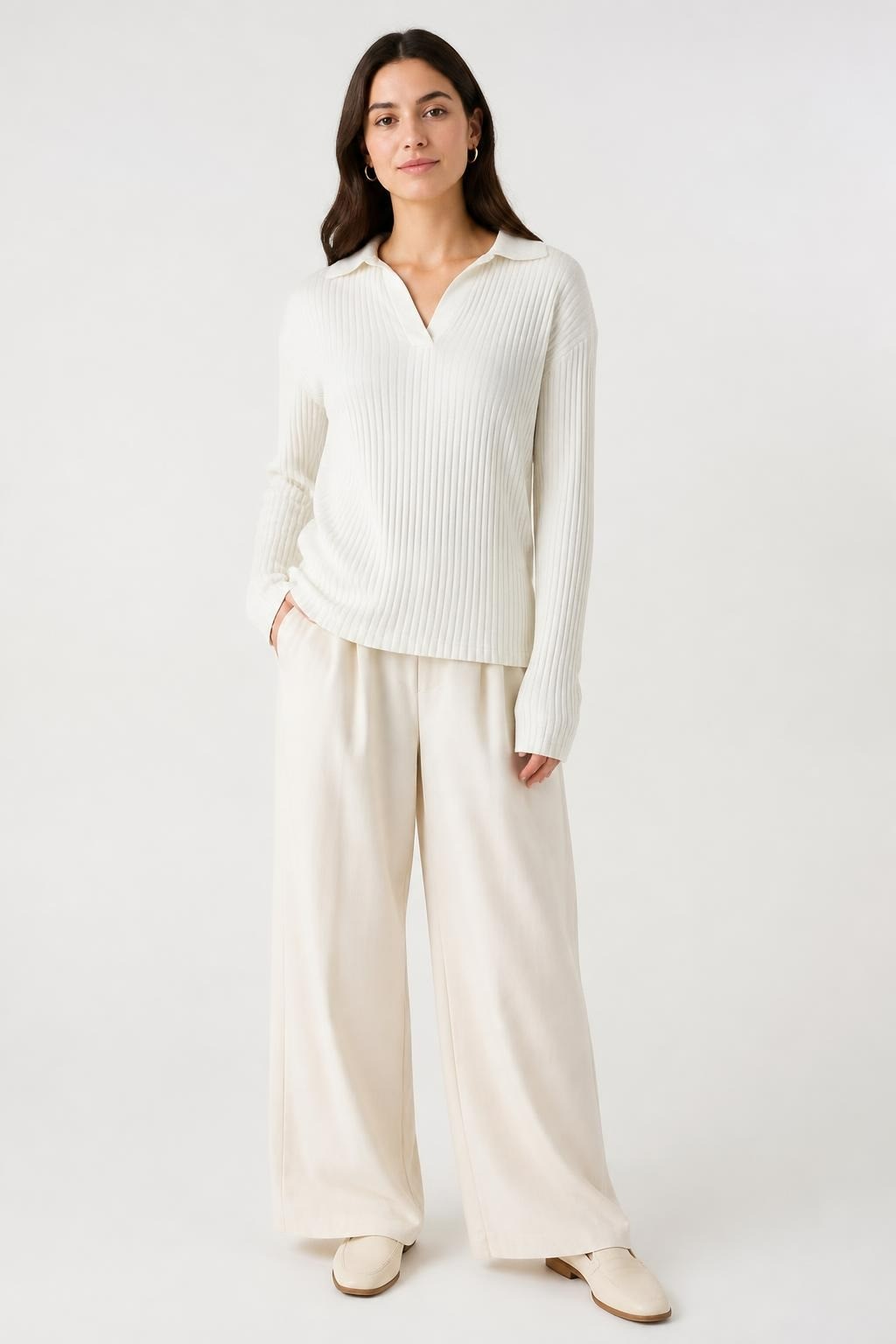 White Ribbed Knit V-Neck Collared Top | Pre-Loved | Why Go Less