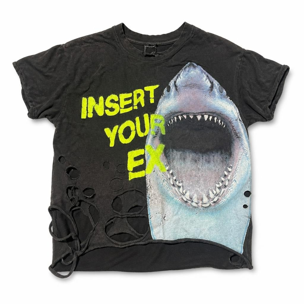Black distressed shark graphic tee Insert Your Ex - white studio shot, second-hand at Why Go Less, Dekwaneh, Lebanon