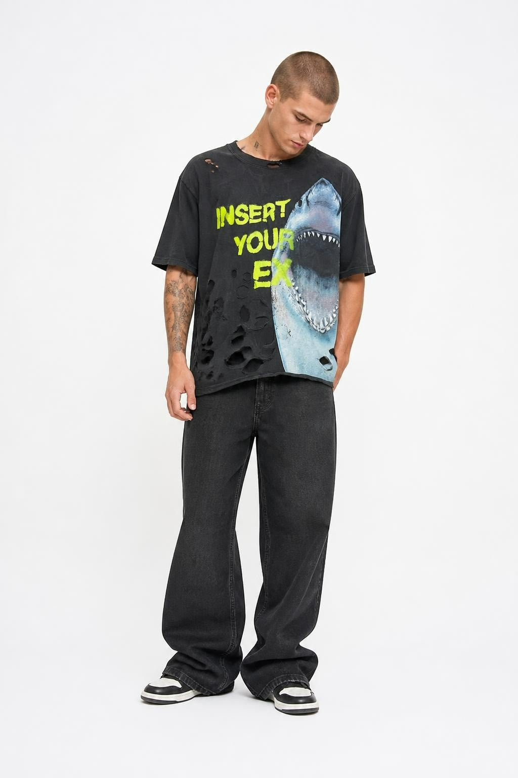 Black Distressed Shark Graphic Tee Insert Your Ex | Pre-Loved | Why Go Less