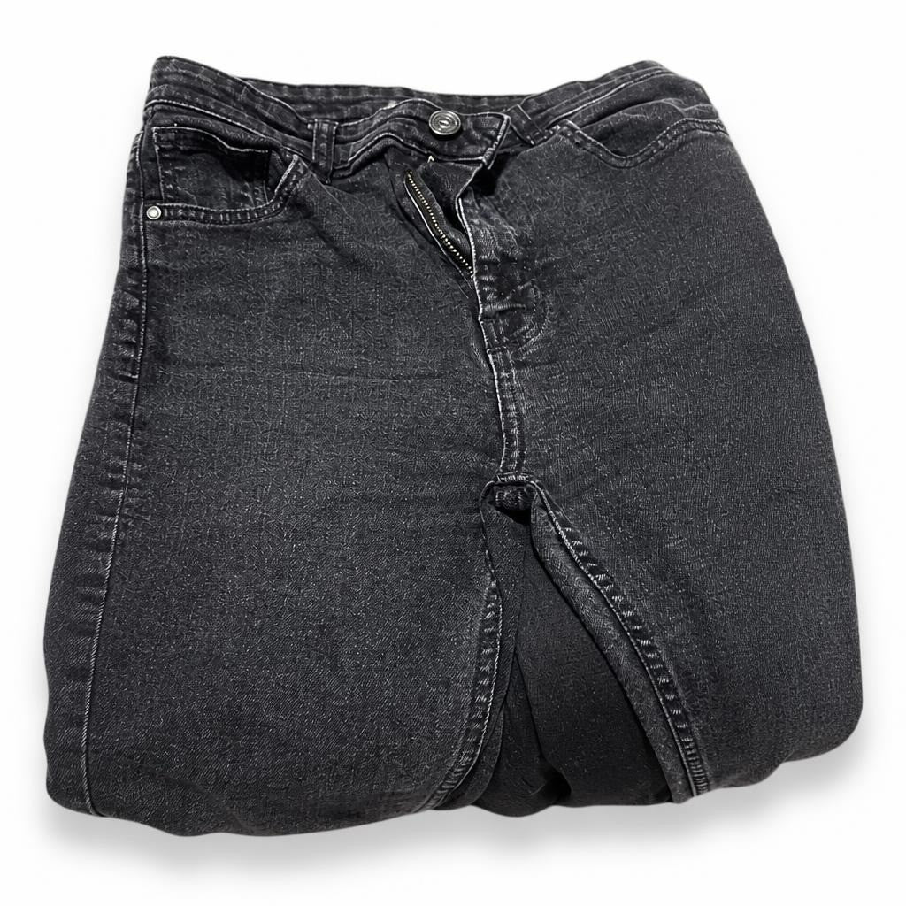 Dark grey washed denim jeans with button fly - white studio shot, second-hand at Why Go Less, Dekwaneh, Lebanon